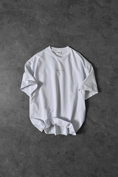 Erkek Beyaz Da Vinci Kabartma Baskılı Oversize Tshirt