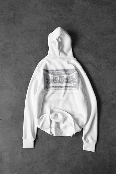 Erkek Beyaz Da Vinci Kabartma Baskılı Oversize Kapüşonlu Sweatshirt