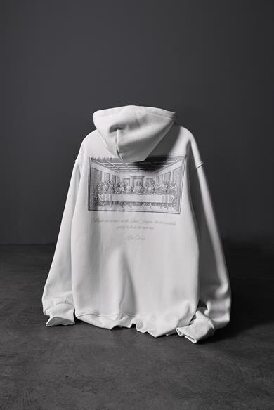 Erkek Beyaz Da Vinci Kabartma Baskılı Oversize Kapüşonlu Sweatshirt