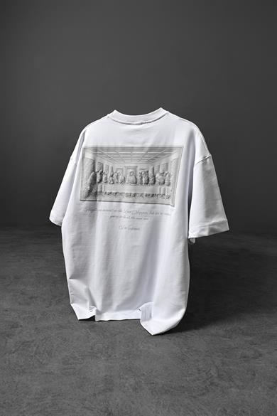 Erkek Beyaz Da Vinci Kabartma Baskılı Oversize Tshirt