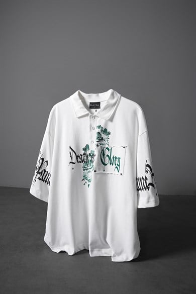 Erkek Beyaz Death or Glory Patchli Box Fit Polo Yaka Tshirt