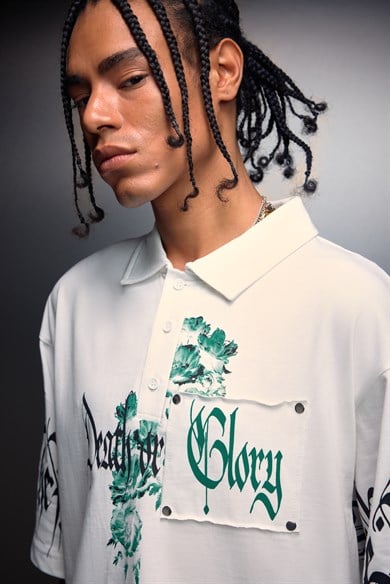 Erkek Beyaz Death or Glory Patchli Box Fit Polo Yaka Tshirt
