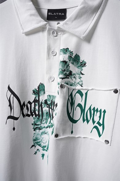 Erkek Beyaz Death or Glory Patchli Box Fit Polo Yaka Tshirt