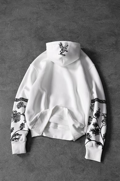 Erkek Beyaz Eagle Baskılı Oversize Kapüşonlu Sweatshirt