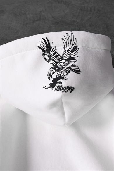 Erkek Beyaz Eagle Baskılı Oversize Kapüşonlu Sweatshirt