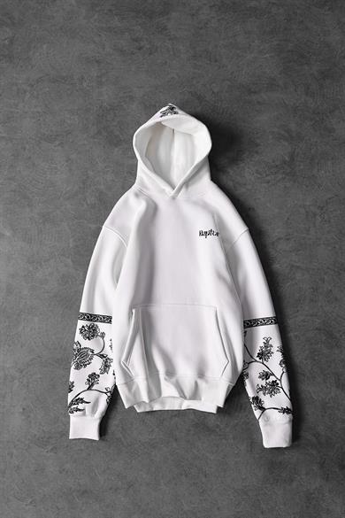 Erkek Beyaz Eagle Baskılı Oversize Kapüşonlu Sweatshirt