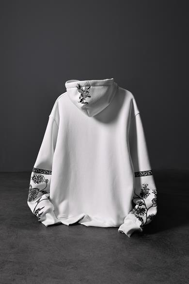 Erkek Beyaz Eagle Baskılı Oversize Kapüşonlu Sweatshirt