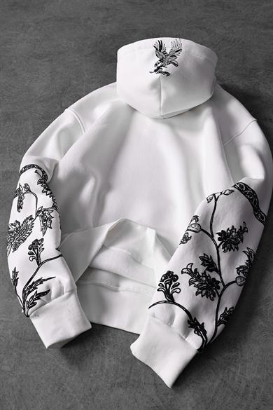 Erkek Beyaz Eagle Baskılı Oversize Kapüşonlu Sweatshirt