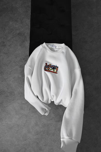 Erkek Beyaz Eye Of Ra Nakış İşlemeli Oversize Sweatshirt