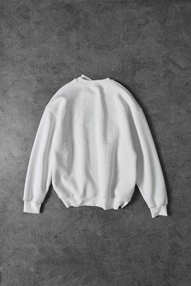 Erkek Beyaz Eye Of Ra Nakış İşlemeli Oversize Sweatshirt