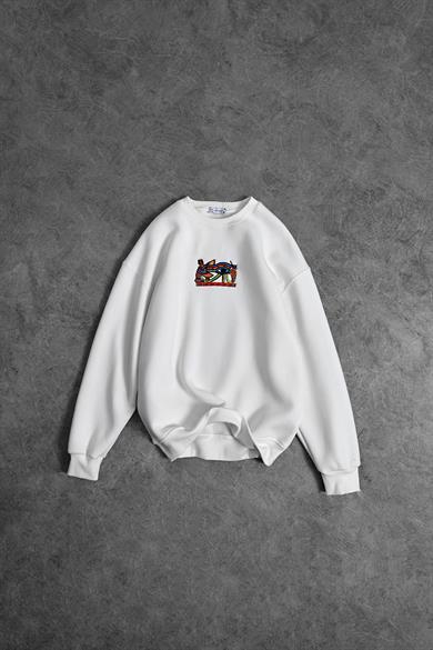 Erkek Beyaz Eye Of Ra Nakış İşlemeli Oversize Sweatshirt