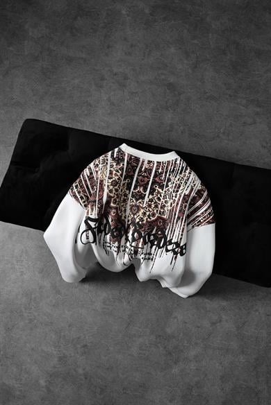 Erkek Beyaz Faded Borders Yaka Baskılı Bisiklet Yaka Oversize Sweatshirt