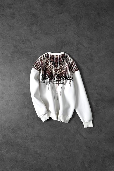 Erkek Beyaz Faded Borders Yaka Baskılı Bisiklet Yaka Oversize Sweatshirt