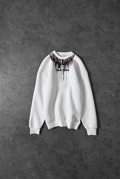Erkek Beyaz Faded Borders Yaka Baskılı Bisiklet Yaka Oversize Sweatshirt