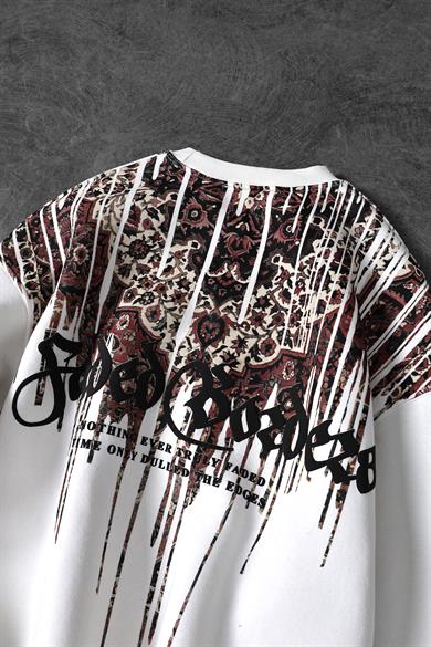 Erkek Beyaz Faded Borders Yaka Baskılı Bisiklet Yaka Oversize Sweatshirt