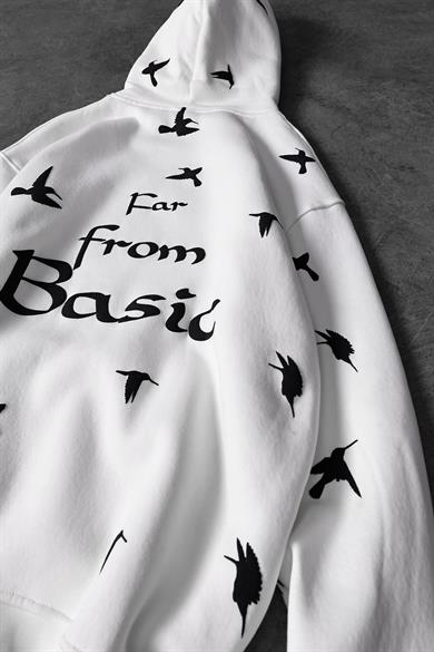 Erkek Beyaz Far From Basic Kabartma Baskı Oversize Kapüşonlu Sweatshirt