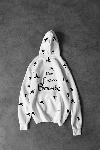 Erkek Beyaz Far From Basic Kabartma Baskı Oversize Kapüşonlu Sweatshirt