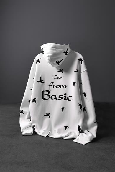 Erkek Beyaz Far From Basic Kabartma Baskı Oversize Kapüşonlu Sweatshirt
