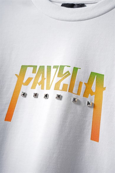 Erkek Beyaz Favela Baskılı Zımbalı Box Fit Tshirt