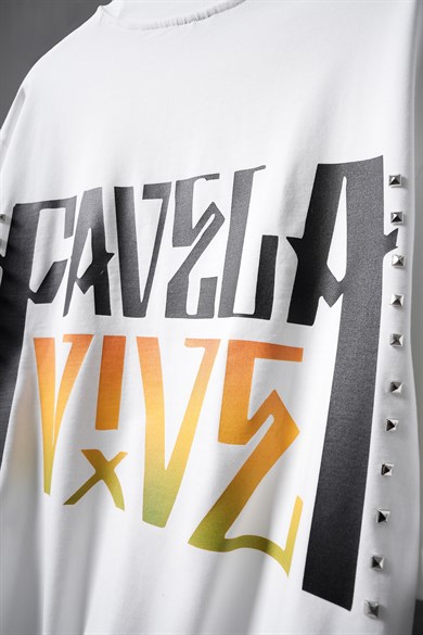 Erkek Beyaz Favela Baskılı Zımbalı Box Fit Tshirt