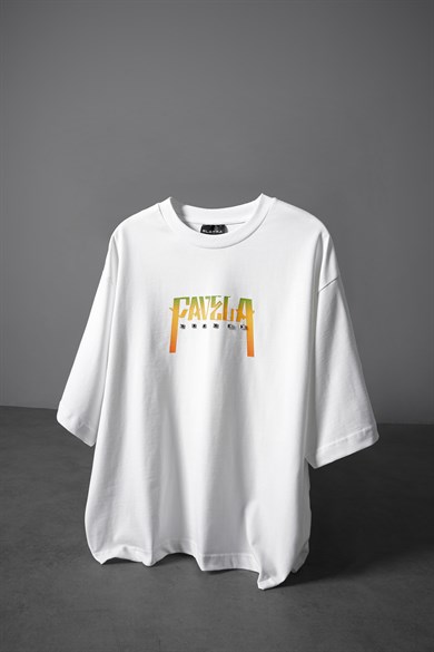 Erkek Beyaz Favela Baskılı Zımbalı Box Fit Tshirt