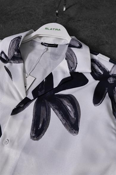 Erkek Beyaz Flow Pattern Oversize Kısa Kollu Gömlek