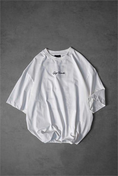 Erkek Beyaz Gaze Reveals Kadife Patch Oversize Tshirt