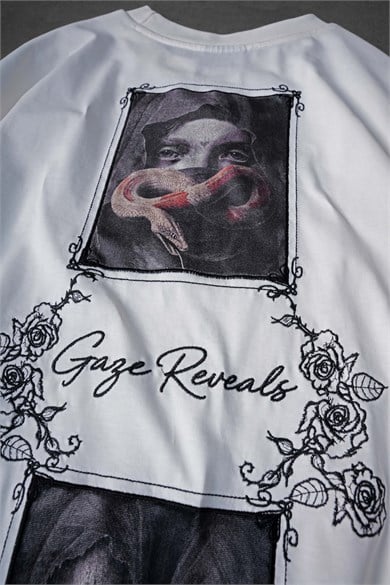 Erkek Beyaz Gaze Reveals Kadife Patch Oversize Tshirt