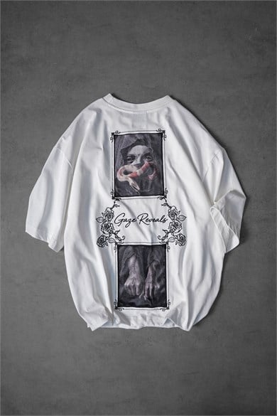 Erkek Beyaz Gaze Reveals Kadife Patch Oversize Tshirt