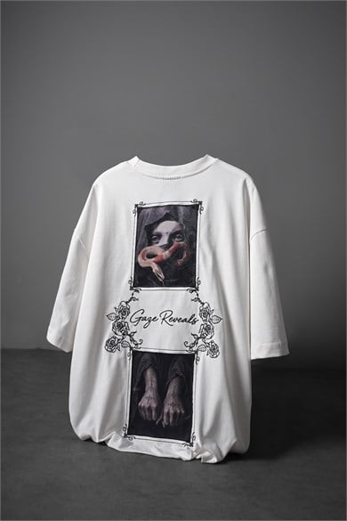 Erkek Beyaz Gaze Reveals Kadife Patch Oversize Tshirt