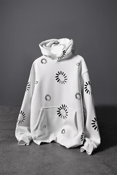 Erkek Beyaz Geometrik Kabartma Baskı Oversize Kapüşonlu Sweatshirt