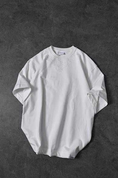 Erkek Beyaz Goodly Yaka Nakışlı Tona Ton Oversize Tshirt