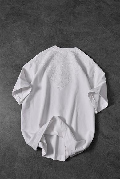 Erkek Beyaz Goodly Yaka Nakışlı Tona Ton Oversize Tshirt