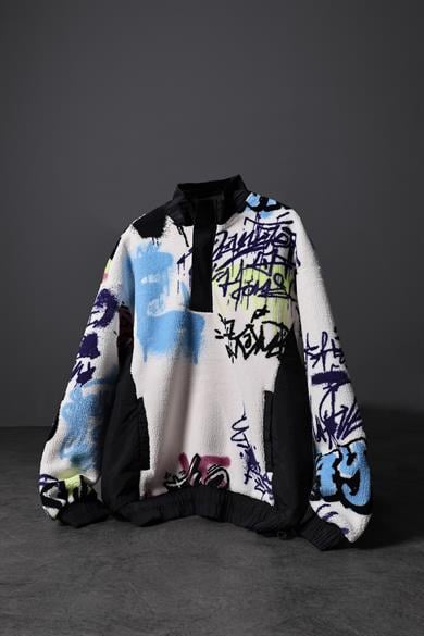 Erkek Beyaz Grafiti Baskılı Yarım Fermuar Oversize Peluş Sweatshirt