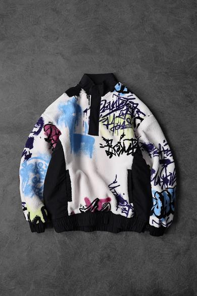 Erkek Beyaz Grafiti Baskılı Yarım Fermuar Oversize Peluş Sweatshirt