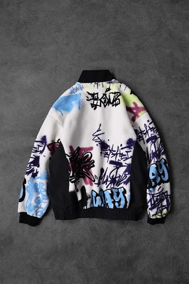 Erkek Beyaz Grafiti Baskılı Yarım Fermuar Oversize Peluş Sweatshirt