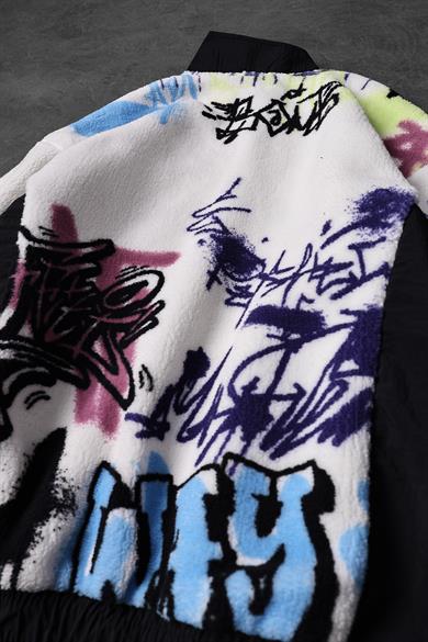 Erkek Beyaz Grafiti Baskılı Yarım Fermuar Oversize Peluş Sweatshirt