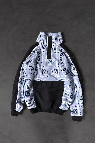Erkek Beyaz Half Zip Desenli Peluş Sweatshirt