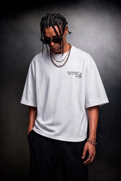 Erkek Beyaz Heavy Kabartma Baskı Oversize Tshirt