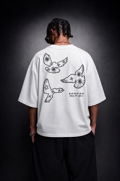 Erkek Beyaz Heavy Kabartma Baskı Oversize Tshirt