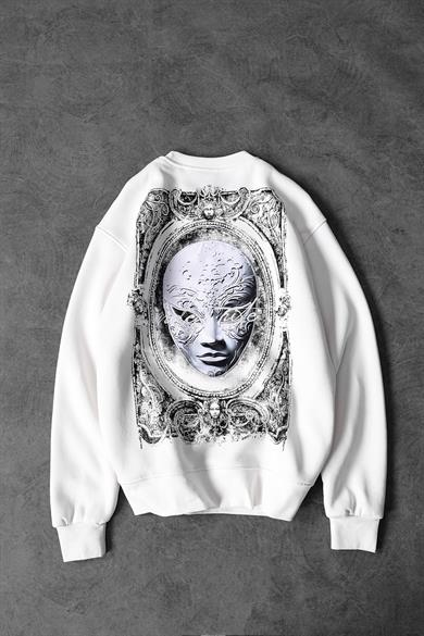 Erkek Beyaz İndefinite Nakışlı Oversize Sweatshirt