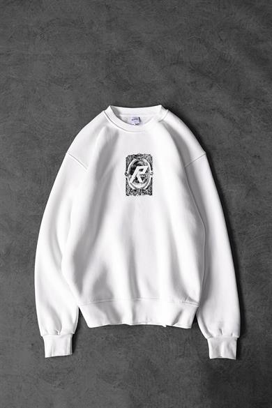 Erkek Beyaz İndefinite Nakışlı Oversize Sweatshirt