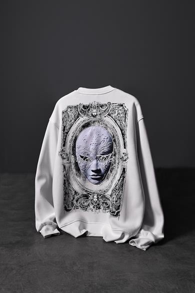 Erkek Beyaz İndefinite Nakışlı Oversize Sweatshirt