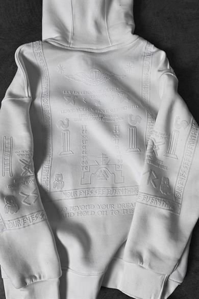 Erkek Beyaz Kabartma Baskı Kapüşonlu Oversize Sweatshirt
