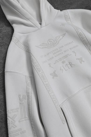 Erkek Beyaz Kabartma Baskı Kapüşonlu Oversize Sweatshirt