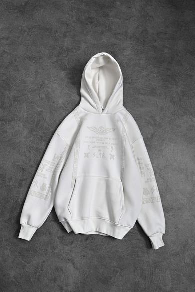 Erkek Beyaz Kabartma Baskı Kapüşonlu Oversize Sweatshirt