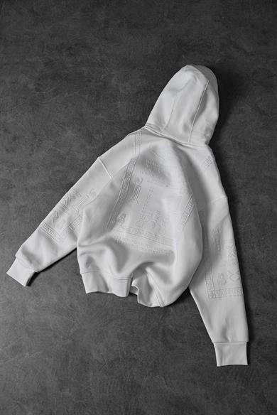 Erkek Beyaz Kabartma Baskı Kapüşonlu Oversize Sweatshirt