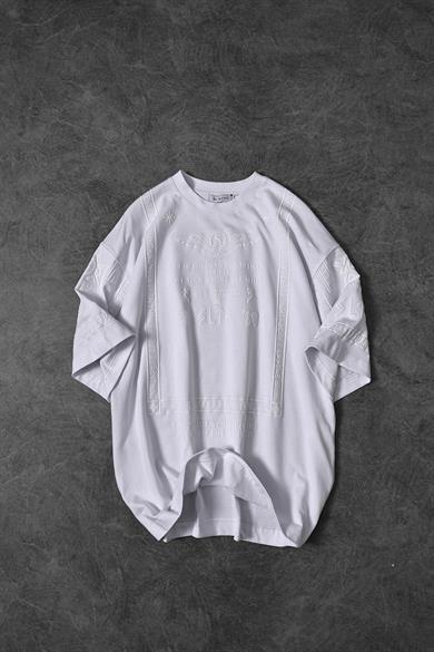 Erkek Beyaz Kabartma Baskı Oversize Tshirt