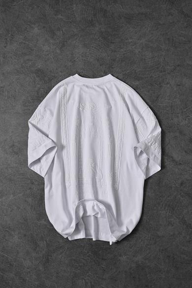Erkek Beyaz Kabartma Baskı Oversize Tshirt