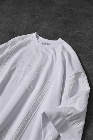 Erkek Beyaz Kabartma Baskı Oversize Tshirt